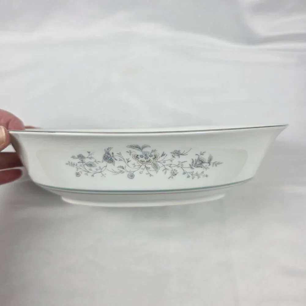 Oxford China Spring 10 Inch Oval Serving Bowl Multicolor Floral Rim Aqua Band